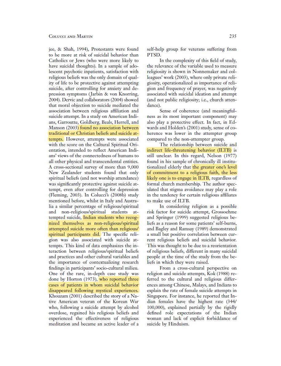 All major Abrahamic religions were found to have protective effects against suicide. A religious community is again found to be the most important as well as church attendance and praying. Religious people were also less likely to inflict self-harm https://guilfordjournals.com/doi/abs/10.1521/suli.2008.38.2.229