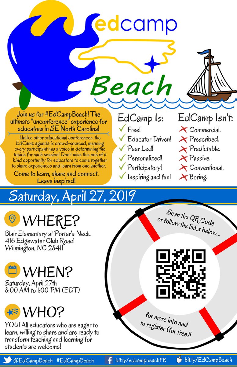edcampbeach's tweet photo. Mark your calendars for #edcampbeach on April 27th at @BlairElem. Retweet and tag a friend to bring to the beach! Register here -> https://t.co/L730VEbc8W #Nhcschat #edcamp #nced #ncadmin #NCTIES19 https://t.co/Zh41l2x51j
