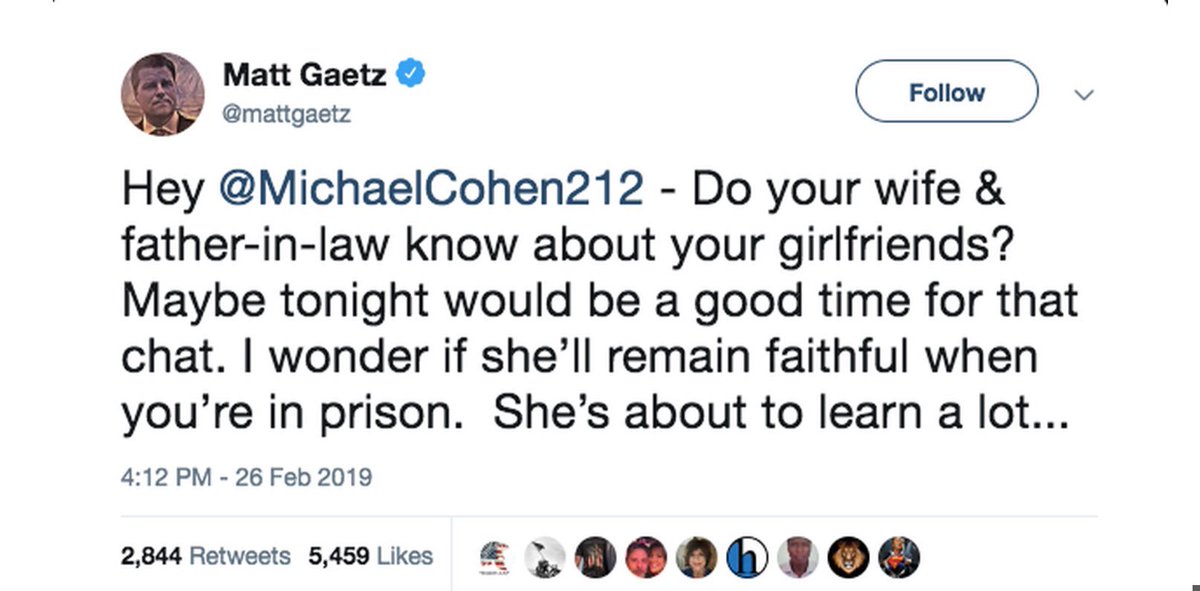 RSCcamera's tweet photo. @RepMattGaetz So Matty,    What info do you want to share with the world that didn’t come out at Cohen’s hearing???
Here is what you inferred, In case you forgot your tweet...
#CohenHearing  #MichaelCohen 
#Scumbag  #GaetzTheDrunk  #CensureGaetz https://t.co/ESZlitutqx
