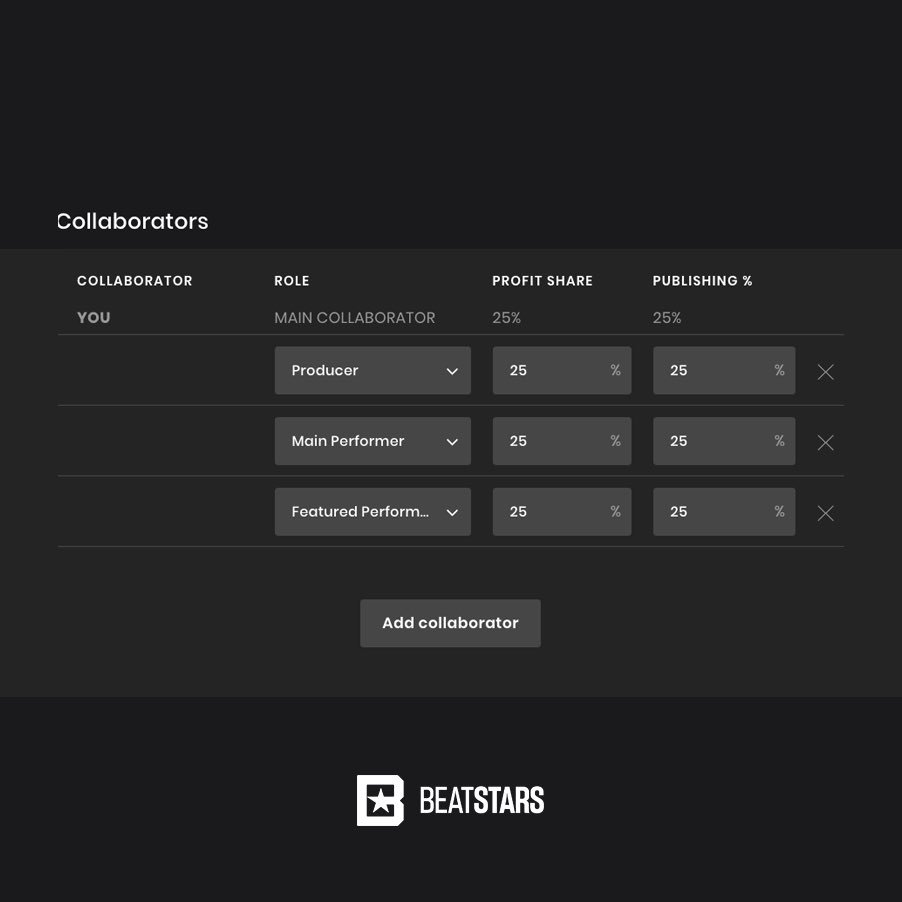 BeatStars's tweet photo. If you could collaborate on a song with a producer, main artist and a feature artist, who would you choose and why? 

(Photo: BeatStars Collaborator Splits Tool) https://t.co/0nXyQfYWEU