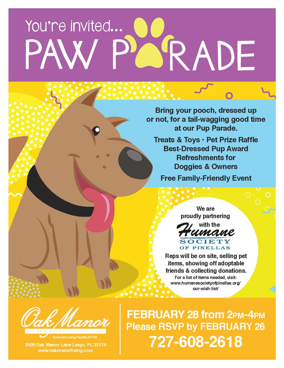 HumanePinellas's tweet image. You and your dog are invited... to Oak Manor's #PawParade from 2-4pm tomorrow! 🐾👗 Dressed up or not, you'll enjoy treats, prizes, and refreshments! HSP is currently in need of pet food, so please stop by as we will be collecting donations during the event. #PetFriendly