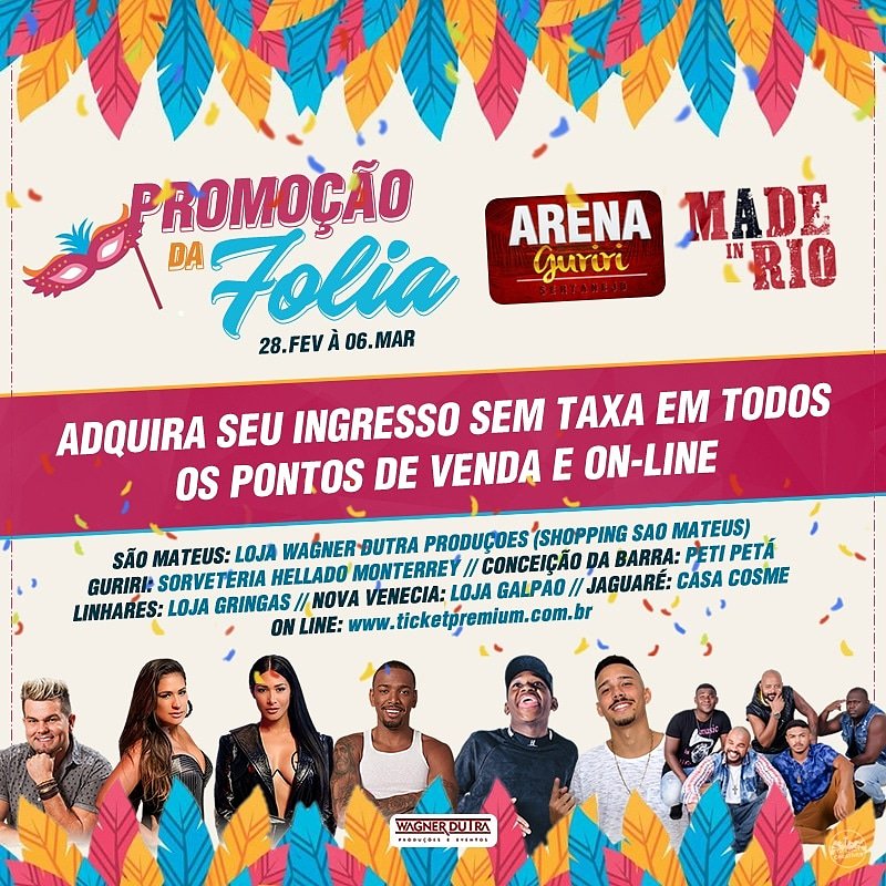 Arenaaomar's tweet photo. Carnaval vem aí e resolvemos cair na Folia... PROMOÇÃO FOLIA🎉🎉🎉
Adquira seu ingresso para o #ArenaGuririSertanejo ou #MadeInRio sem a taxa de serviço.
Promoção valida para 28.02 a 06.03
#uhull #Promoção #WagnerDutraProduçoes https://t.co/mzC5Dz1dud
