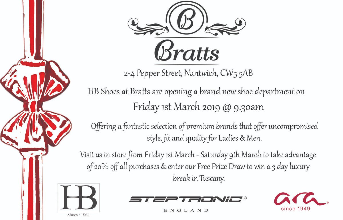 BrattsNantwich's tweet image. #HBShoes are coming to Bratts of #Nantwich this Friday!

We are also holding an amazing Free Prize Draw in store, where one lucky person will WIN a 3 day, 4* luxury break in the stunning region of Tuscany in Italy, with flights, accommodation and €250 spending money included!