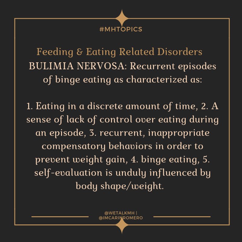 Let’s talk #EatingDisorders! (A thread) 

These are the ED’s listed within the DSM-5. They are real, they are destructive to those battling them, and they should always be taken seriously. 

They are a #MentaIllness. They are not a choice. And they are treatable & manageable.