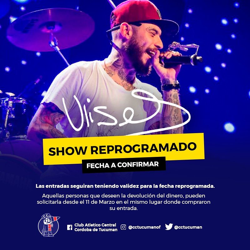 Atención: se reprogramará el show de #UlisesBueno en #Tucumán que estaba previsto para el 1 de abril. Próximamente se anunciará la nueva fecha del recital. Las entradas ya adquiridas tendrán validez para la nueva fecha (no será necesario cambiarlas).