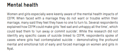 PresSalva's tweet photo. @VoicesofSSudan @UNmigration Child marriage could make girls "feel sad &amp; unhappy" which lead to "runaway or commit suicide." Child marriage had been covered by a previous curator. However, in light of your topic and the publication by @oxfamsouthsudan I wanted to contribute this snippet from the publication. https://t.co/ERF7vSSnZn