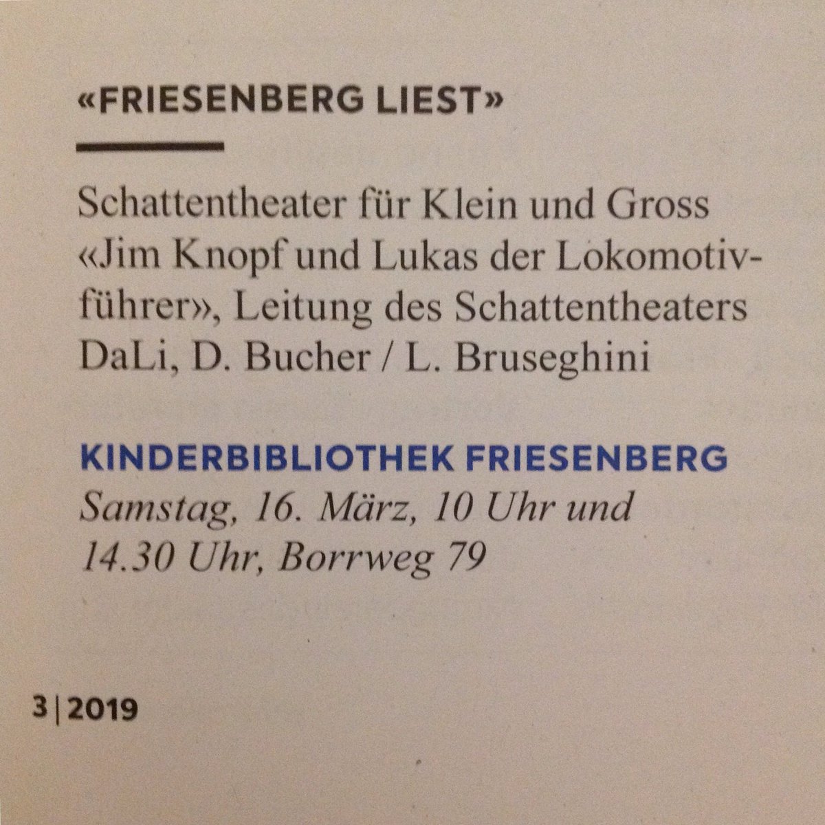 bibifriesenberg's tweet photo. «Friesenberg liest» am 16.3.2019

Jim Knopf
im Schattentheater DaLi

Kommt vorbei!

Eintritt frei, Kollekte z.G. Kulturnetz Friesenberg https://t.co/1WQmD0JYa5