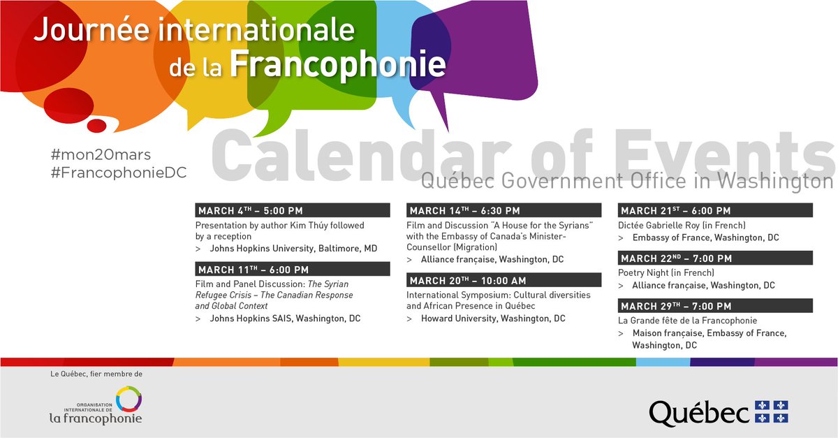 QcWashington's tweet photo. 🎉 Festival de la @FrancophonieDC 🗓️⚜️!

This March, celebrate #Québec and le #français #French across the #DMV with literature, cinema, poetry, wine, comedy, politics, beer, maple, music, and more!

Discover the BQW's complete #FrancophonieDC line-up at https://t.co/1mRa9U5Osp! https://t.co/iQYKrOhuEn