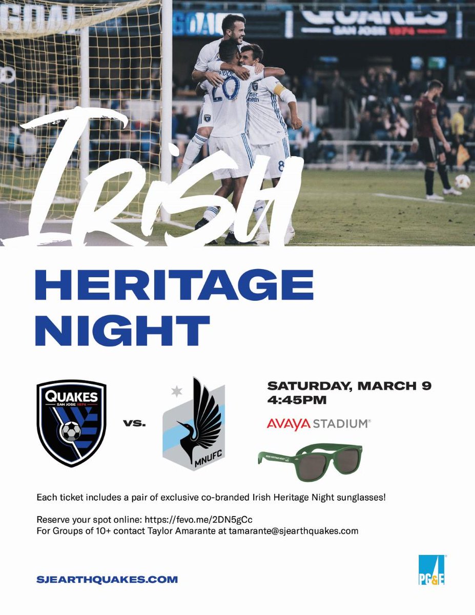Come join us for Irish Heritage Day with <a href="/SJEarthquakes/">San Jose Earthquakes</a> on Saturday March 9th.

 fevo.me/2DN5gCc Link for Tickets.