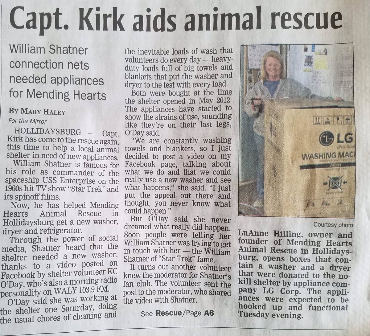 WilliamShatner's tweet photo. Hey @LGUS Looks like the #MendingHearts Animal Shelter are very happy over your extremely generous donations! 👍🏻 Thank you so much! https://t.co/rcyg4mDwGS