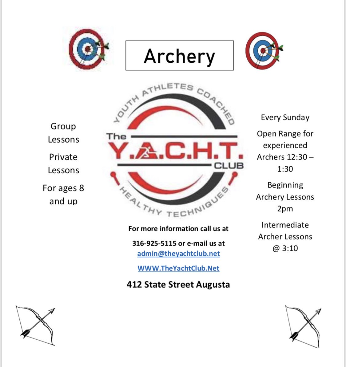 TheYACHTClub4's tweet photo. 🏹Archery is back this Sunday! 

Come and see us, Let us know you are coming by giving us a call at 316-925-5115, e-mailing us at Admin@theyachtclub.net or go to https://t.co/bhVL1XWegv and schedule your time. https://t.co/mjCbTODyPz