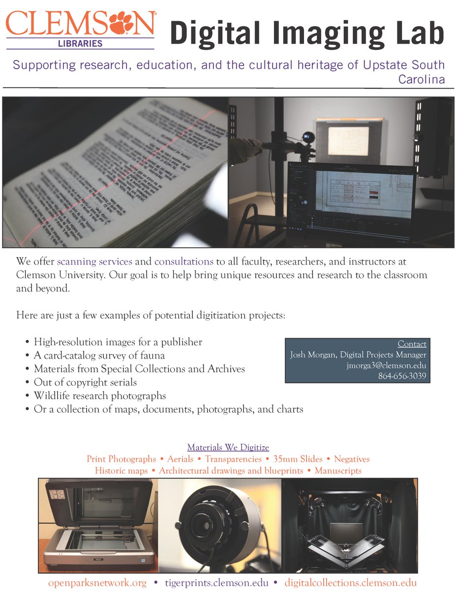 ClemsonDigLib's tweet image. Need something scanned at @ClemsonUniv ? Talk to us! We offer consultations, training, and scanning to the Clemson community.