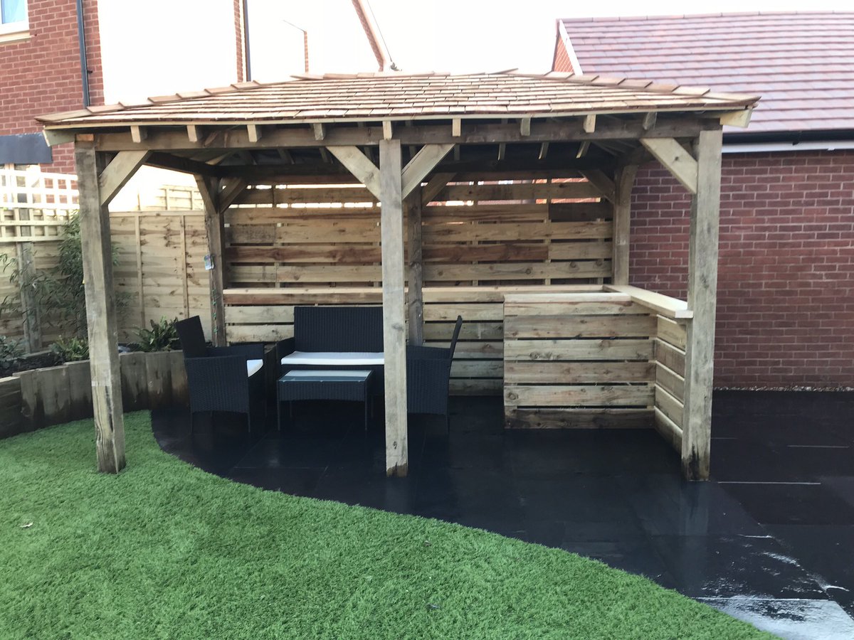 BuckinghamsLand's tweet image. From a mud patch to this beautiful garden. Limestone paving, artificial turf, raised sleeper beds and a bar area ready for any summer party. A full garden makeover with just the lighting and hot tub to finish off #hardlandscaping #patios #paving