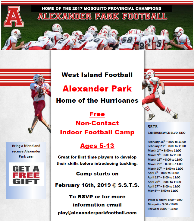 APHurricanes's tweet photo. We started our FREE non-contact indoor football camp for players 5-13.  Next session March 2 @SSTSmontreal. Great for 1st time players. Build confidence before introducing tackling #WestIslandFootball #Football @nsmustangs  @northshorelions @TSN690 @pfds_rox Can we get a RT? https://t.co/ymaDvTViPp