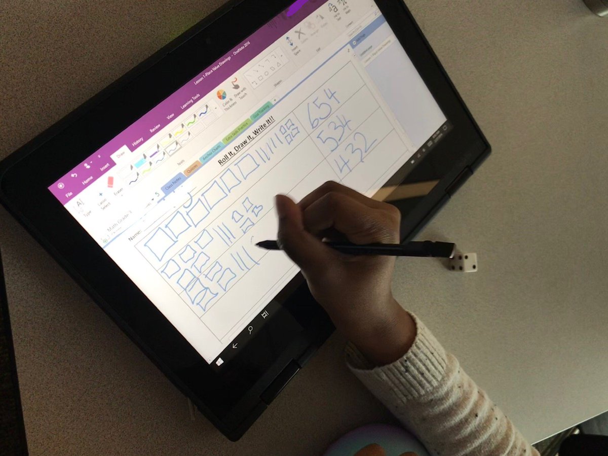 edukateb's tweet photo. Why do my students love #OneNote? It makes for engaging and fun math extensions! “Ms. Barratt, can I make MORE rows so I can do this longer?” Yes, my friend. Yes you can! #Onederful🎉💜 https://t.co/YyHU3lxh67