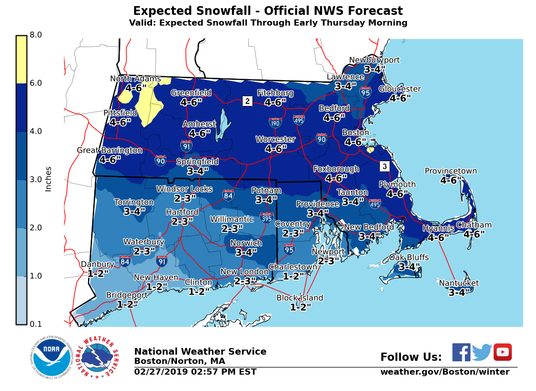 NWSBoston's tweet photo. [Snowfall Forecast] Light snow develops from west to east through 8 pm. Heaviest snow occurs from 10 pm to 4 am, but ends by 7 am Thu in most locations, but may linger through 9 am on the eastern MA coast. Snow accums of 2-4", but a band of 3-6" possible near the MA turnpike. https://t.co/gROx7o2Eze