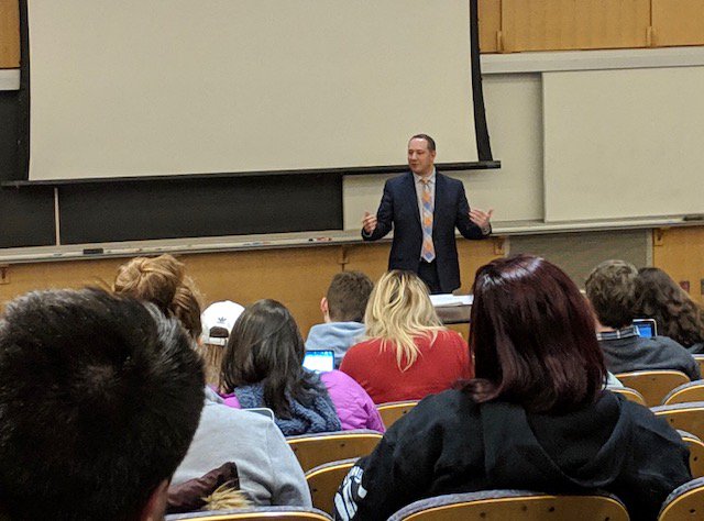 NH_DOJ's tweet photo. Senior Assistant Attorney General Matthew Mavrogeorge, Director of the Administrative Prosecutions Unit spoke to a Business Law class at @PlymouthState about investigating &amp; prosecuting professional misconduct cases before state licensing boards last night https://t.co/Rl9baA9q41