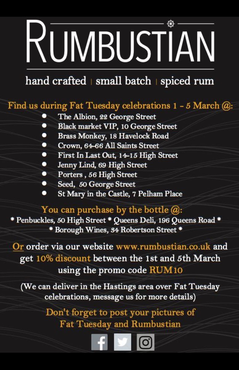 rumbustian's tweet photo. Coming to Hastings Fat Tuesday? UK’s largest Mardi Gras celebration. 
We can be found in the following participating music venues... (We are also in numerous other locations around town too!) 
*special offer* 10% discount via our website for any orders placed between 1-5 March 👍 https://t.co/Z5TZMnMIsG