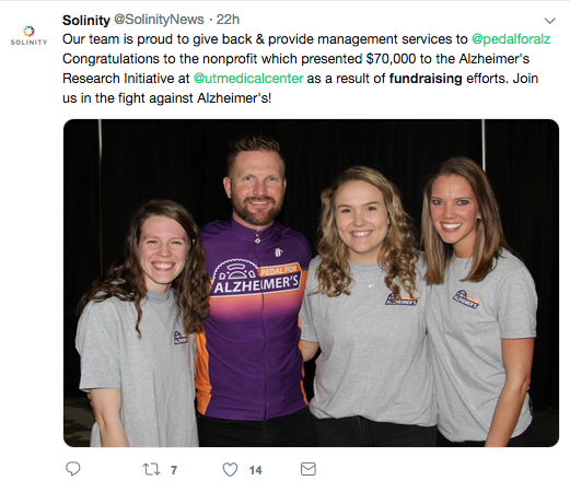 gayle_gross's tweet photo. WOW @SolinityNews A great team you have, who's supporting @pedalforalz and double WOW to the nonprofit which presented $70,000 to the Alzheimer's Research Initiative at @utmedicalcenter! GREAT news to share! #fundraising #waytoSOAR https://t.co/1Cc5xnCQ4k