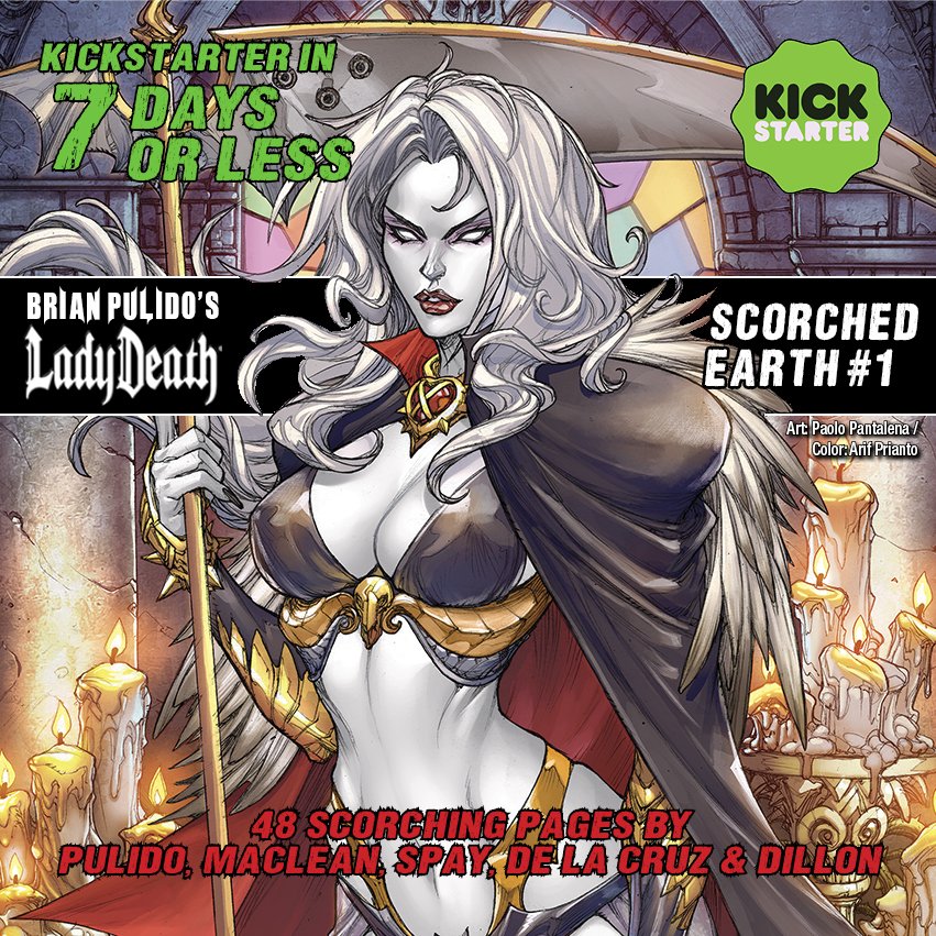 TheBrianPulido's tweet photo. Lady Death: Scorched Earth #1 - all new story!

Lady Death invades present day earth to ward off the supernatural extinction level threat of The Trinity!

Campaign Launches on Kickstarter on Wednesday March 6th at 7PM / 9PM EST. Expect the unexpected!

BE THERE! https://t.co/fZssLsoY4E