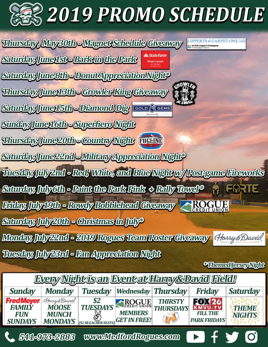 MedfordRogues's tweet photo. Our 2019 Regular Season and Promotional Schedule has just been announced!

We have 33 home games this year, including one home stand against every team in the @gscbleague. Each home game is a different promotion, so make sure to review our Promo Schedule closely!

#RoguesBaseball https://t.co/hszabuZgrq