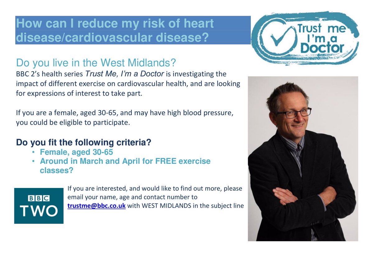 Trust Me I'm aDoctor (@bbctrustme) on Twitter photo The new series of BBC 2’s ‘Trust me, I’m a Doctor’ is returning to the West Midlands!
If you’re female aged 30-65 and would benefit from some free exercise classes whilst helping out in a study for <a href="/wlv_uni/">University of Wolverhampton</a> then please email us right away!
✉️trustme@bbc.co.uk The new series of BBC 2’s ‘Trust me, I’m a Doctor’ is returning to the West Midlands!
If you’re female aged 30-65 and would benefit from some free exercise classes whilst helping out in a study for <a href="/wlv_uni/">University of Wolverhampton</a> then please email us right away!
✉️trustme@bbc.co.uk