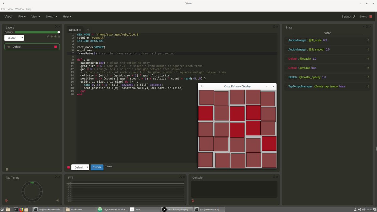 monkstoneT's tweet image. @poqudrof @MoiRouhs @jackvpurvis @JRuby Using #JRubyArt MathTool module to provide grid method in Visor requires vecmath-0.2.gem