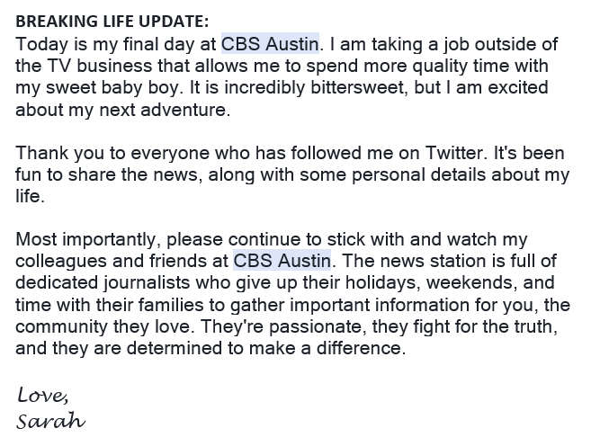 SarahsATX's tweet photo. BREAKING (LIFE) NEWS: Today will be my last day at @cbsaustin ! Thank you for following me on Twitter. :) https://t.co/QnxOAn2BPs