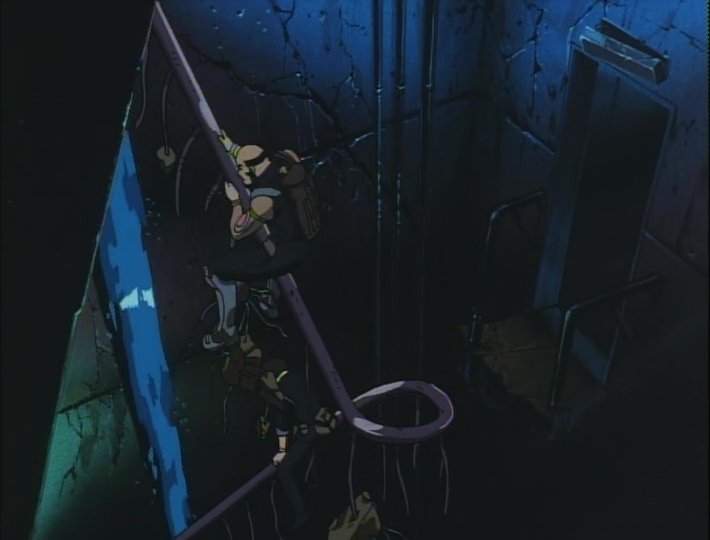 闇鍋はにわ カウボーイビバップの18話はビデオテープを巡る話なわけだけど デッキを探しに行くスパイクとジェットがテープみたいに滑り降りるこのシーンがとても好き 博物館というデッキに過去の再生に行ってるわけだし