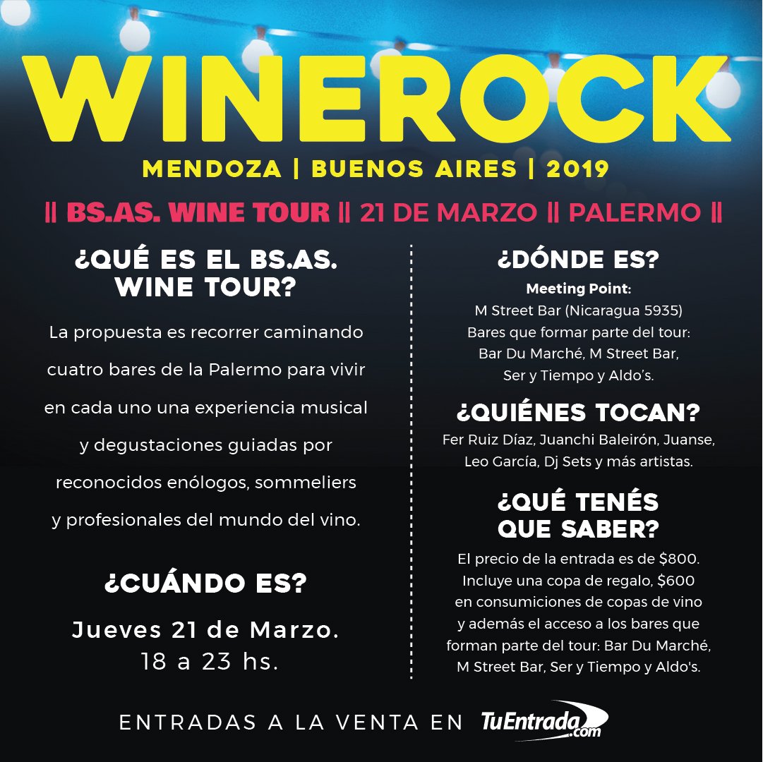 En menos de un mes tendremos por primera vez el #BsAsWineTour en un recorrido y degustación de vinos y música en pleno centro de Palermo Hollywood. 
Jueves 21/Marzo 18 a 23h - Buenos Aires.
Entradas> tuentrada.com/winerock2019