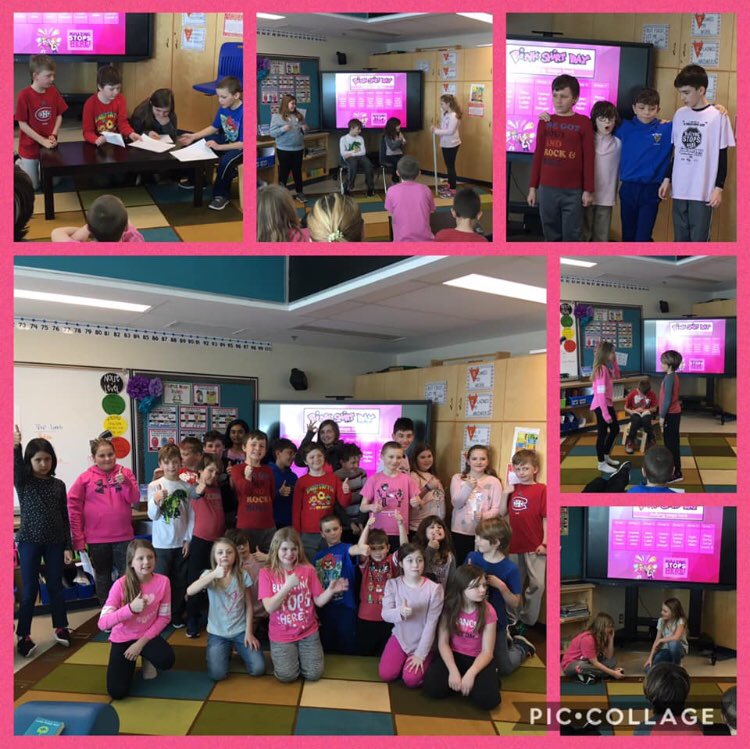 STMS_Soldiers's tweet photo. @STMS_Soldiers dressed for #PinkShirtDay to show that they stand up to bullying! Grades 3-6 worked together to create skits about how to overcome bullying! @LakeSuperiorHS @sncdsb https://t.co/KCXgoeyccy