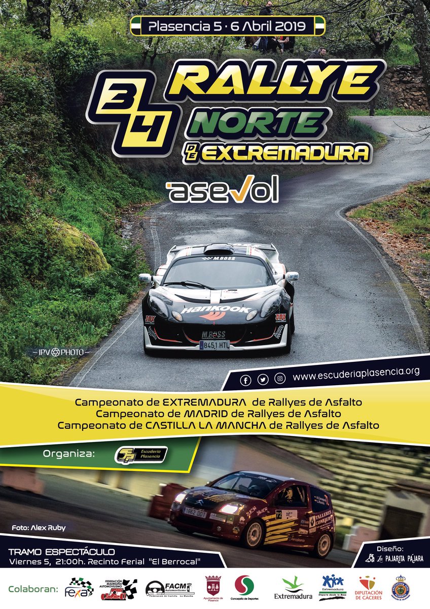 Os dejamos el cartel de 34 Rallye Norte de Extremadura- Asevol, primera prueba del Campeonato de Extremadura de Rallyes de Asfalto, puntuable también para los Campeonatos de Madrid y Castilla la Mancha, que se celebrará los próximos 5 y 6 de abril.