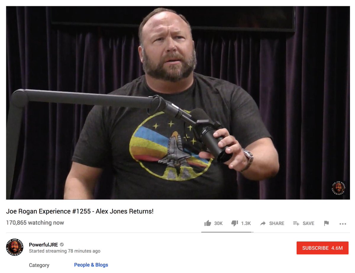 nathanTbernard's tweet photo. Joe Rogan is currently interviewing Alex Jones about the master race and deep state. This is why Rogan is considered a gateway to the alt-right, he platforms their fever dream conspiracies frequently. https://t.co/QuErlgPPtz