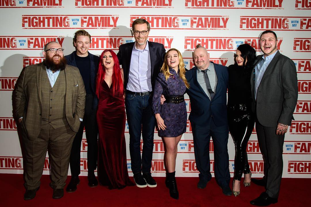 SevenBucksProd's tweet photo. It's time to bring this incredible true story on home. @RealPaigeWWE and her family reunited with the cast of @FightingWMyFam for the premiere of @FightingWMyFam, in UK cinemas now. Click the link for tickets https://t.co/zXMBymUSpV. #FightingWithMyFamily @LionsgateUK https://t.co/lE4Yy7RVVF