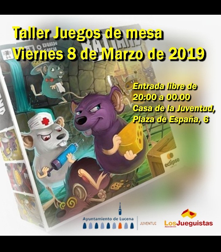 losjueguistas's tweet image. El viernes 8 de Marzo tenemos....Rataland!!!! de #EclipseEditorial. 
Un divertido juego dónde controlaras un clan ratas 🐭
El próximo viernes 8 de Marzo en #Lucena de 20:00 a 00:00 estaremos en la Casa de la Juventud en El Coso. 
@JuventudLucena - @AytoLucena