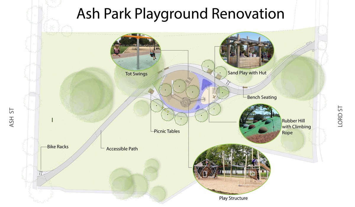 ParkBoard's tweet photo. We are replacing the playground in #AshPark this year! The preliminary concept includes new pathways with bench seating, a new picnic area, bike racks, and shade trees. Learn more: https://t.co/zoktPQq2zE #VanParkBoard https://t.co/baWuzcL4RX