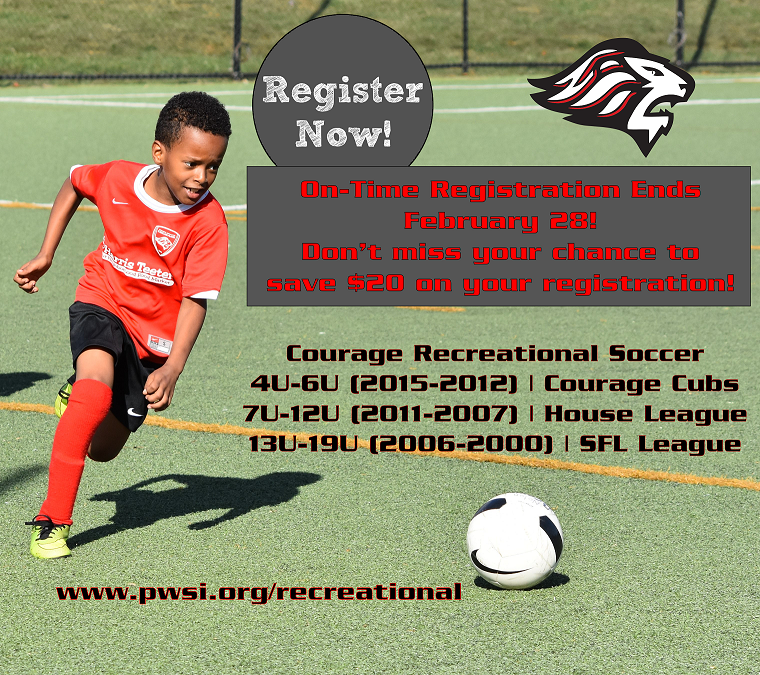 CouragePW's tweet photo. 📢 AVOID THE $20 LATE FEE! Courage Rec On-Time Registration ends TOMORROW, February 28! PWSI Clubhouse will be open 11AM-6PM for on-site registration & the https://t.co/Aphh2I2v38 is open 24 hours a day for registration! #JoinThePride #CourageRec #FearThePride #NoLateFees 🦁⚽ https://t.co/TWonnMkyai