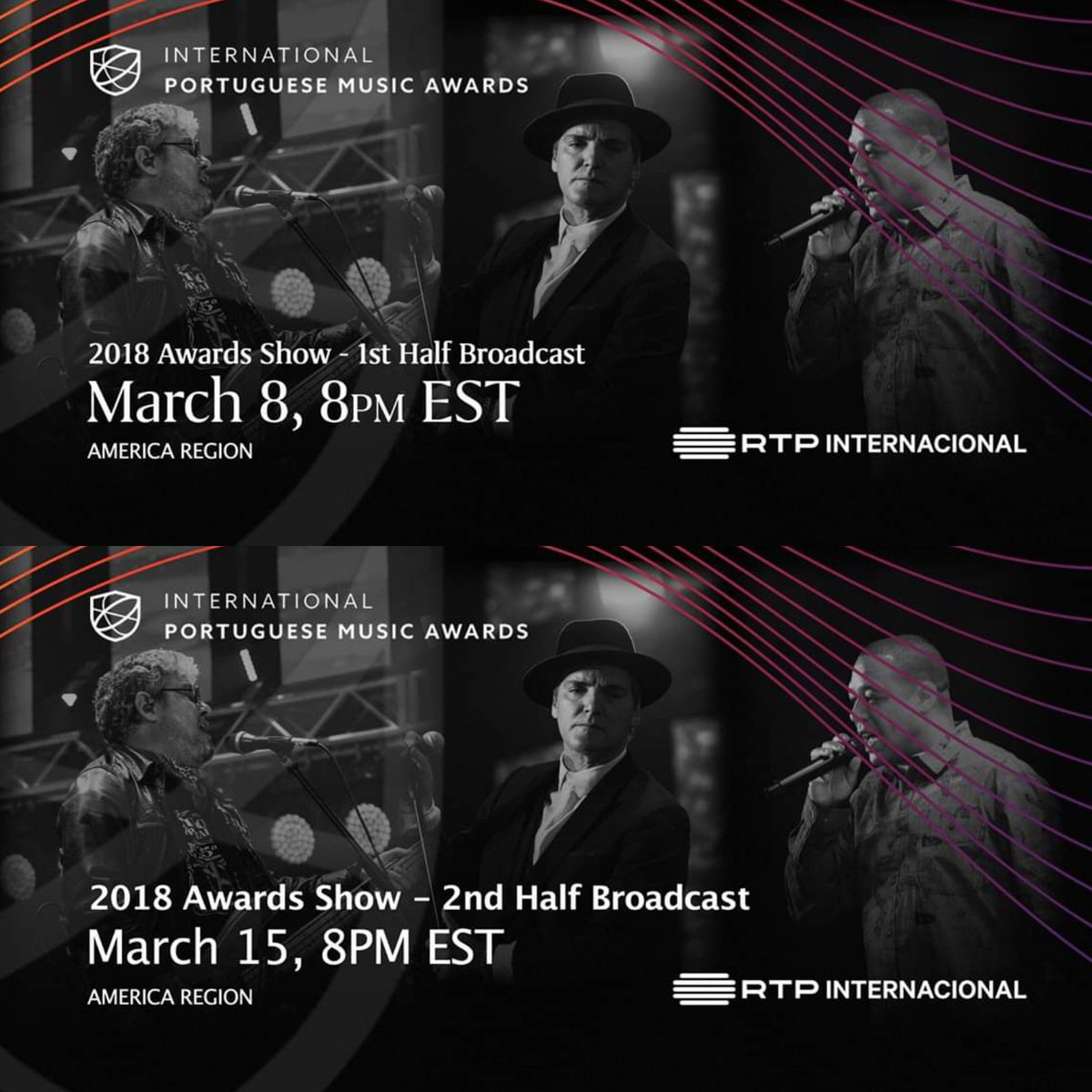 ipma_awards's tweet photo. Our friends in the America region (including Boston, New York, Los Angeles, Rio de Janeiro, Caracas, etc.) finally have the chance to watch the #2018IPMA on RTP International.
📺
March 8, 8PM EST - 1st Half
March 15, 8PM EST - 2nd Half https://t.co/ZHy4CIwHaK