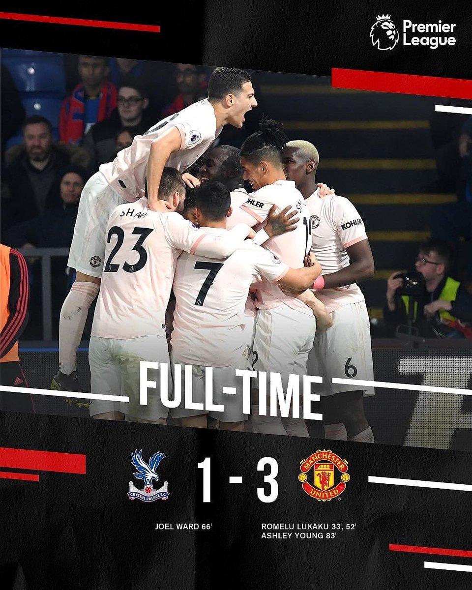 FT:  Crystal Palace 1-3 Manchester United

Manchester United berhasil meraih poin penuh kalau bertandang ke  Sehurst Park kandang dari Crystal Palace,  gol dicetak Lukaku dimenit 33 &amp; 52, dan gol Young menit 83 #CRYMUN #PL #MUFC