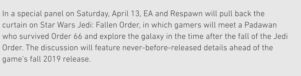 bravoINTEL's tweet photo. EA will reveal gameplay and details on Star Wars Jedi Fallen Order game from Respawn at Star Wars Celebration on April 13 https://t.co/1aQlWJdM4f https://t.co/d41uP6JM12