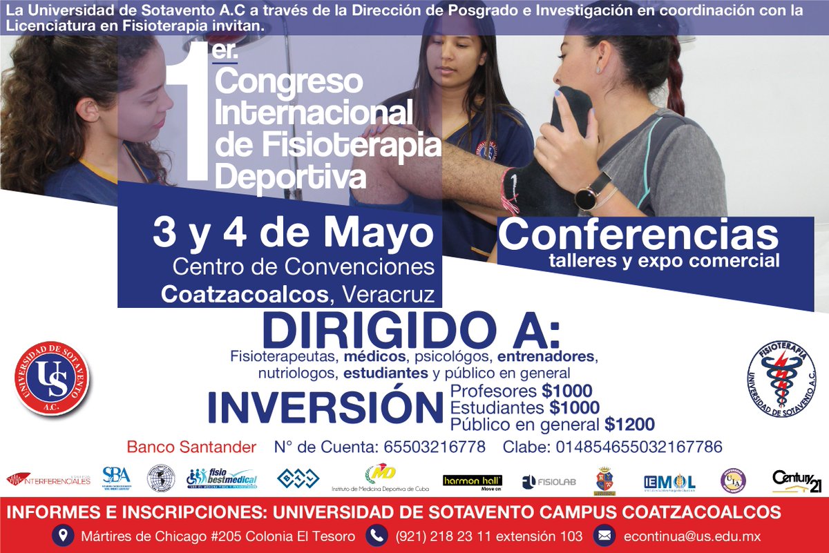 USvillahermosa's tweet photo. ¡#UniversidadDeSotavento, A TRAVÉS DE LA DIRECCIÓN DE POSGRADO E INVESTIGACIÓN EN COORDINACIÓN CON LA LICENCIATURA EN FISIOTERAPIA #UNAM, INVITAN AL: #1erCongresoInternacionalDeFisioterapiaDeportiva 
*INFORMES AL☎️: 01 921 21 8 23 11 EXT- 103! | SOTAVENTO https://t.co/XpmnKWvTOb https://t.co/Q8CxojNC03