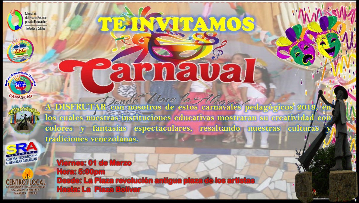 SRACamaguan7's tweet photo. #CAMAGUAN TE INVITA A DISFRUTAR DE LOS CARNAVALES PEDAGOGICOS "EDUCANDO EN COMUNIDAD 2019" @munozeducguaric @josemvasquez @esteros_jose @MPPEDUCACION @ZonaEducGuarico @loida1974 @petricari @GuaricoCultura @ClifpCamaguan @REDCIRCUITAL07 https://t.co/3wAesLkMWq