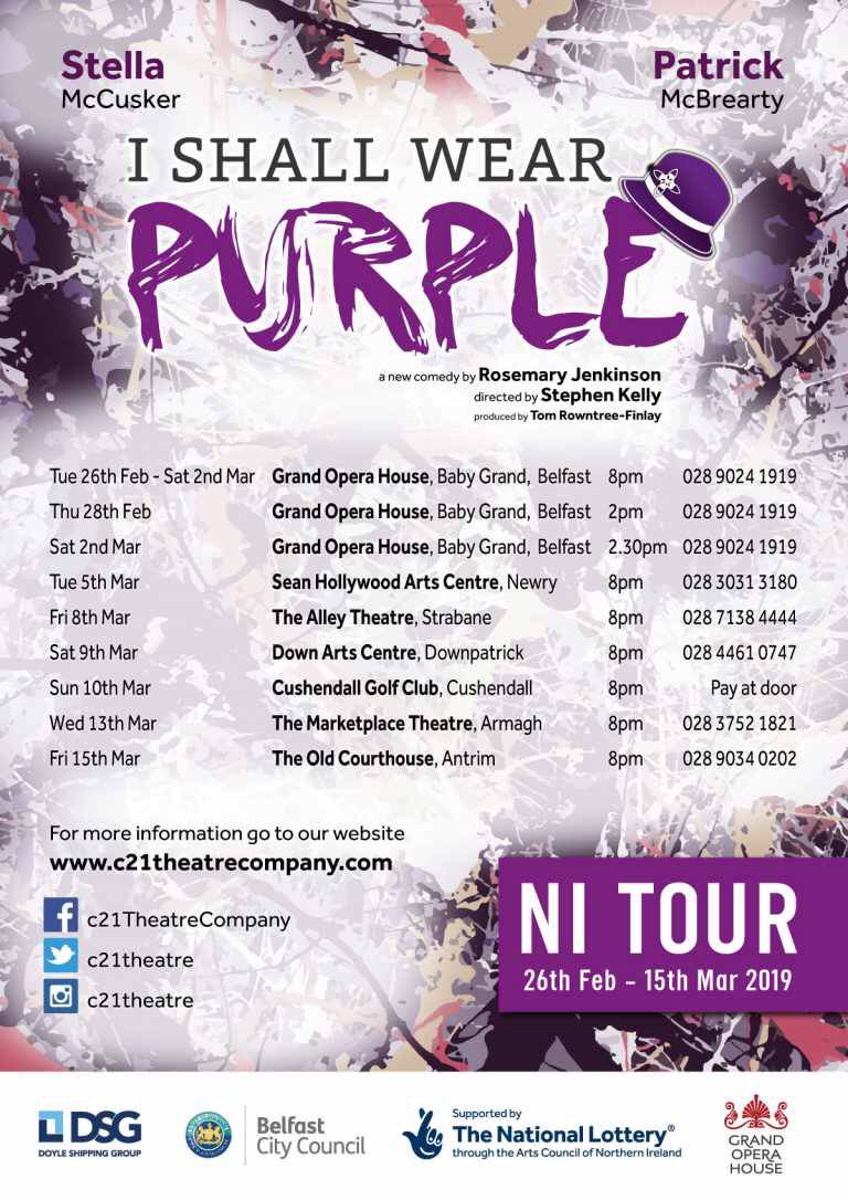 Got to hand it to <a href="/ArtsCouncilNI/">Arts Council of Northern Ireland</a> Major Individual Artist, Rosemary Jenkinson (<a href="/rosemaryj77/">Rosemary Jenkinson</a> ) Her new play ‘I Shall Wear Purple’ produced by <a href="/c21Theatre/">c21 Theatre Comp NI</a> is fast-paced, witty and beautifully explores a very unique relationship between young and old. Go see!