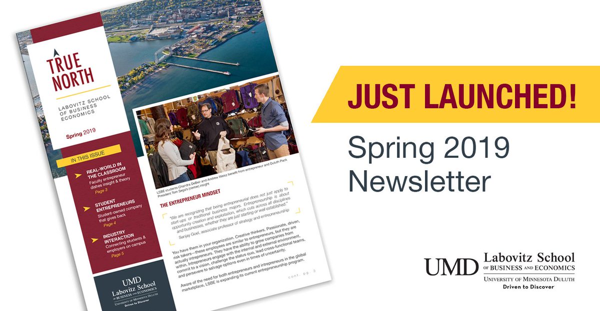 UMDLabovitz's tweet image. Just launched! Read our spring 2019 newsletter at bit.ly/lsbenl. Stories on our entrepreneurship vision, new MBA formats, a student-owned company, &amp;amp; more. Thank you to @duluthpack @lovecreamery @LabovitzMBA @duluthcoffee Soks Co. @NM_News @MayoClinic @UMDConference