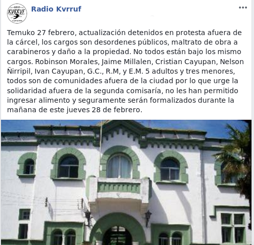 RadioKurruf's tweet photo. Temuko 27 feb, actualización detenidos en cárcel, los cargos son desordenes públicos, maltrato de obra a carabineros y daño a la propiedad. No todos están bajo los mismo cargos. Robinson Morales, Jaime Millalen, Cristian Cayupan, Nelson Ñirripil, Ivan Cayupan, G.C., R.M, y E.M. https://t.co/KmeMgzKJD0