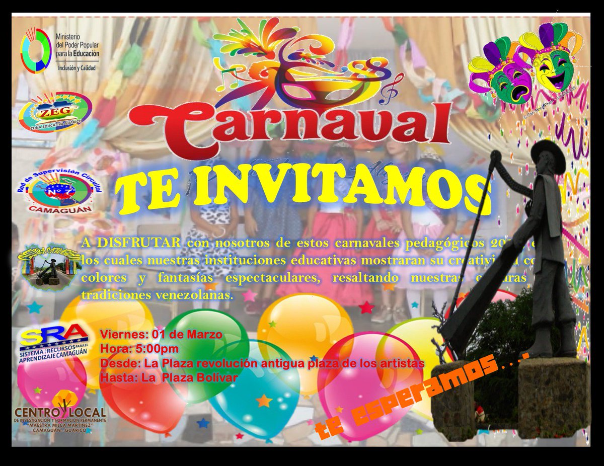 SRACamaguan7's tweet photo. CUL#Camaguan TE INVITAMOS A DISFRUTAR DE NUESTROS CARNAVALES PEDAGOGICOS "EDUCANDO EN COMUNIDAD 2019" @munozeducguaric @josemvasquez @esteros_jose @ClifpCamaguan @loida1974 @ZonaEducGuarico @MPPEDUCACION @zea_ssppea @REDCIRCUITAL07 https://t.co/sSWwgqrLdm