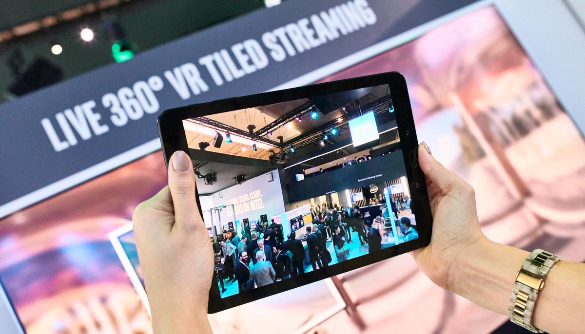 intel's tweet photo. The future of immersive video is clear. @TiledMedia streams live 360 video in 8K over #5G at 25% of traditional network bandwidth. #MWC19 https://t.co/5dvn8PEbWZ