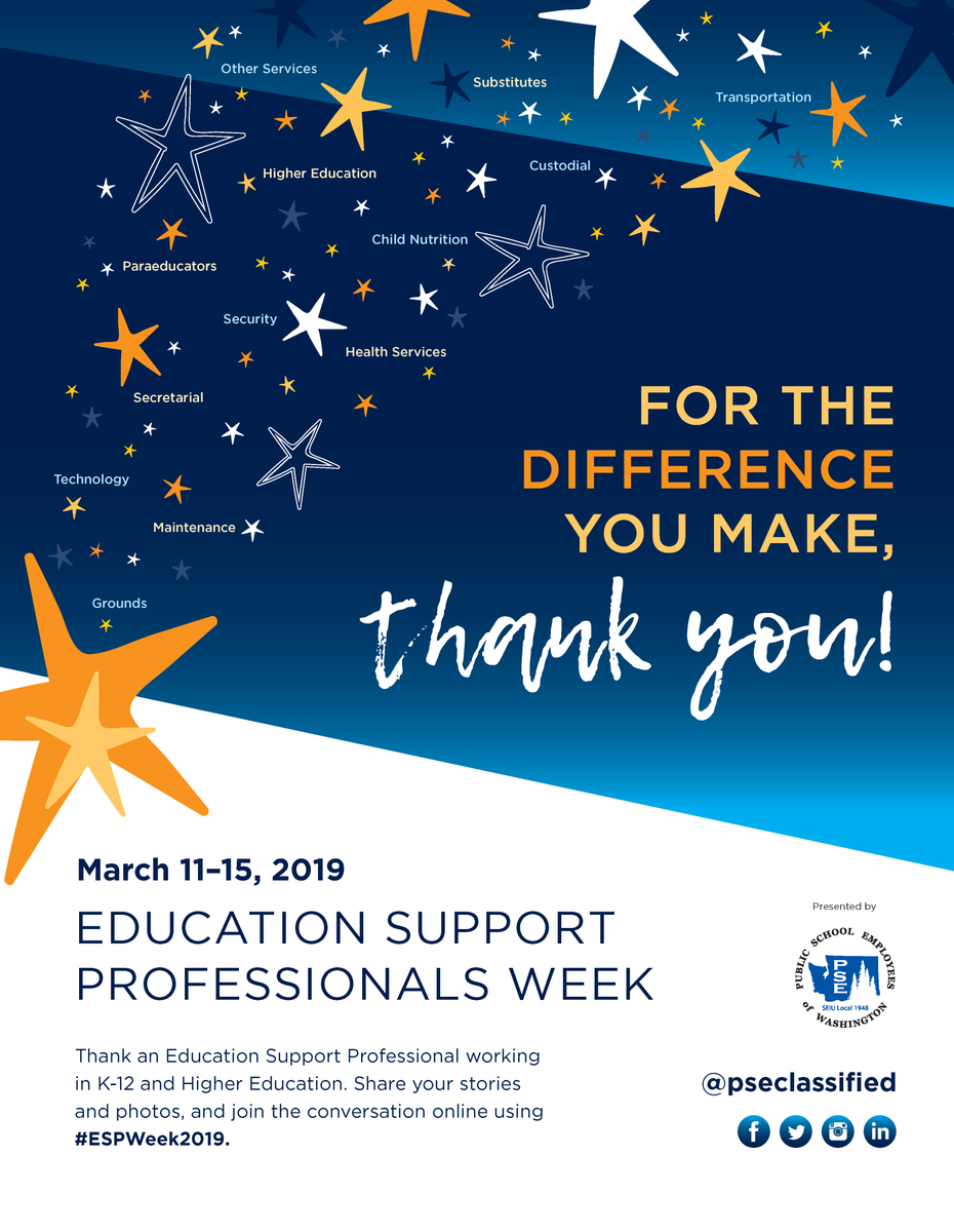 PSEClassified's tweet photo. From March 11-15, we'll be celebrating YOU and everything you do for our students, our schools, and our communities. You deserve recognition, and we can't wait to celebrate your hard work and dedication ALL WEEK LONG! 💙🎉For more info, go to https://t.co/GctjhWXDGa
#ESPWeek2019 https://t.co/slaL5Fg4Gj
