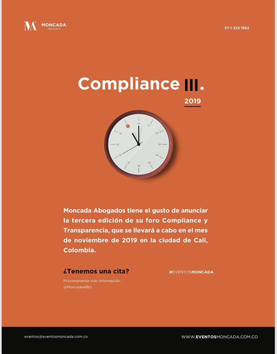 MomenttoLegal's tweet image. #Anuncio: Viene con tremenda potencia #COMPLIANCE III 2019, la 3a edición de nuestro Foro de @Eventos_Moncada @KreabColombia esta vez en la ciudad de Cali-Colombia, en noviembre @ascomGRC @sylvia8160 @CGR_Colombia @sicsuper @CamaraBritanica @compliancecrim  #COMPCO @UniSalerno