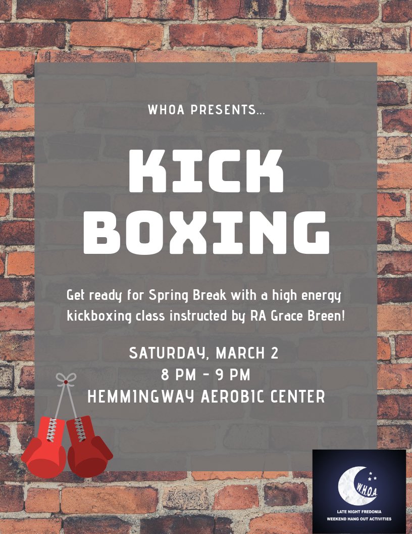 Whether you’re going to a tropical land or staying home in your pajamas, come work out a sweat before Spring Break! 🤪 This Saturday, from 8-9pm, come out to the Hemmingway Aerobic center for a kickboxing class! RA Grace Breen will be instructing🥊